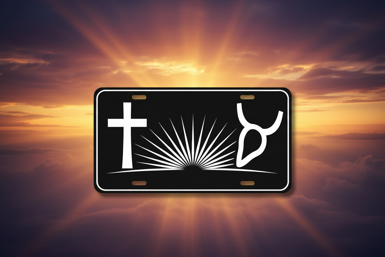 Ancient Hebrew Aleph and Tav symbols engraved on black metal license plate