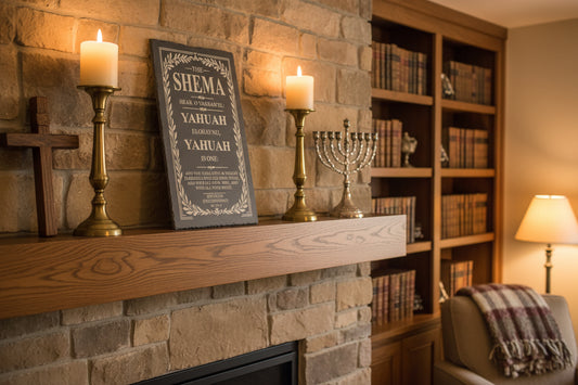 Slate stone with engraved text of the Shema Yisrael on a dark background