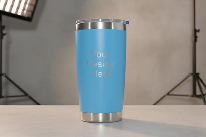 20oz light blue stainless steel tumbler custom engraving mockup with business logo upload area