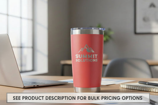Custom 20oz red tumbler with customer logo engraved on it