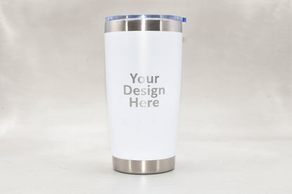 White 20oz stainless steel tumbler custom logo engraving mockup preview