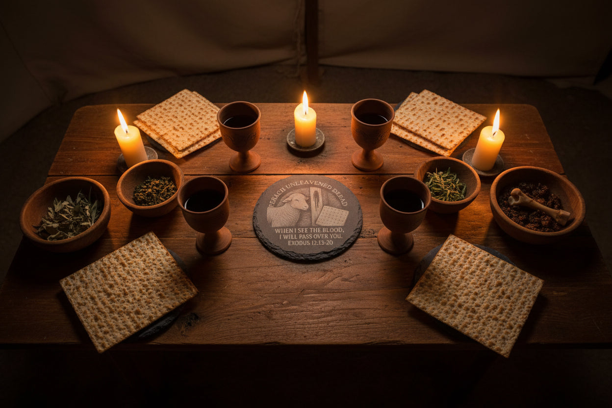 Pesach Unleavened Bread slate coaster with Exodus 12 scripture
