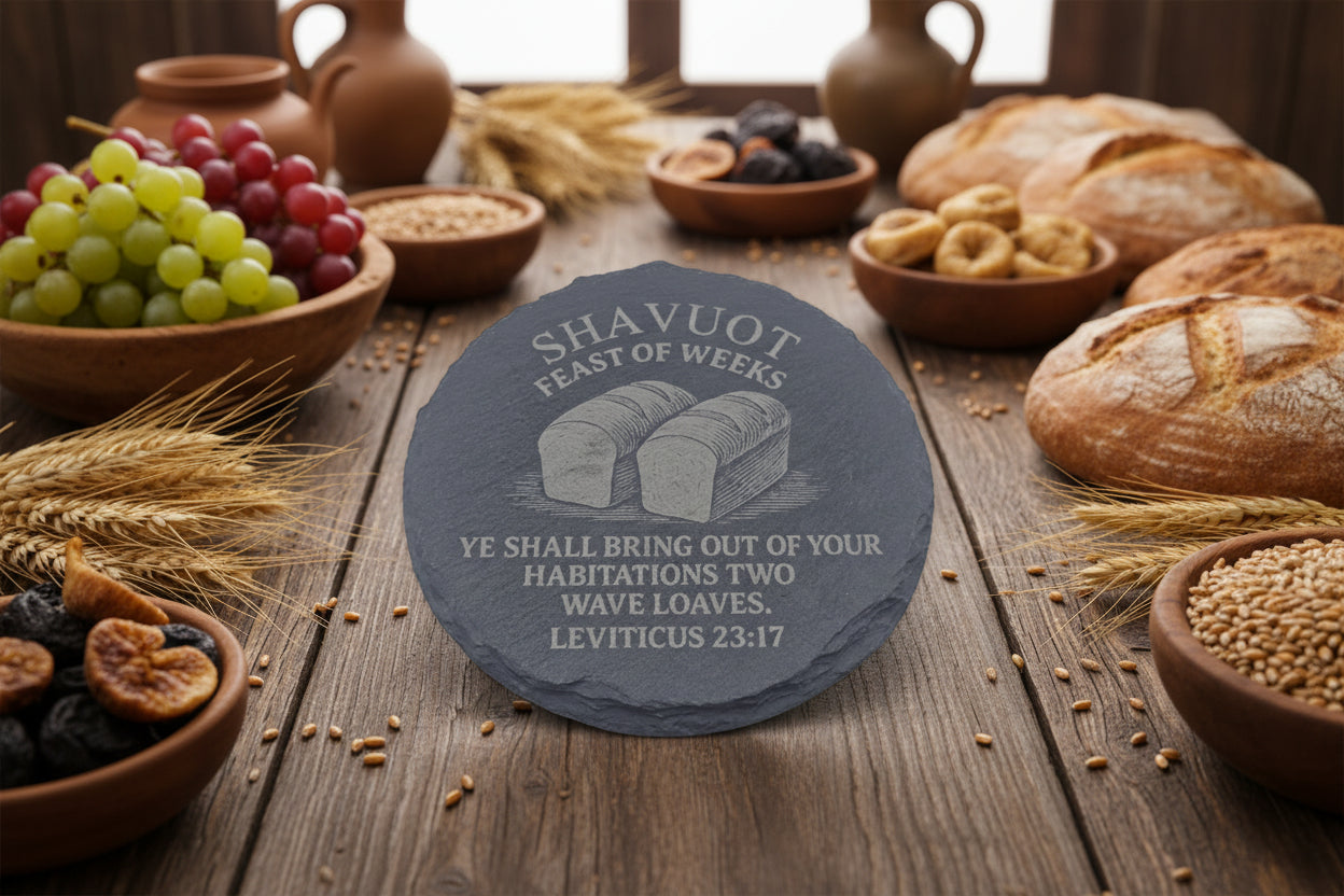 Shavuot Feast of Weeks slate coaster with two wave loaves engraving
