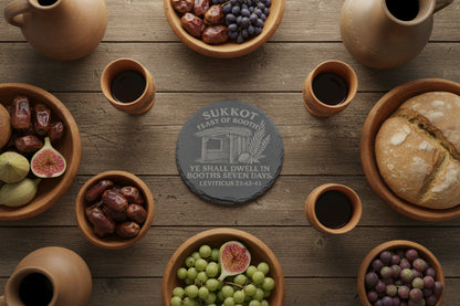 Sukkot Feast of Booths slate coaster with sukkah and Leviticus 23 scripture
