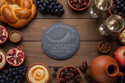 Feast of Trumpets slate coaster with shofar and Leviticus 23 scripture
