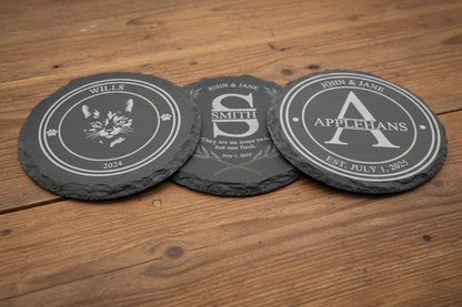 Samples of round housewarming and wedding coaster gift sets