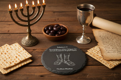 Round Full Armor shoes of readiness slate coaster