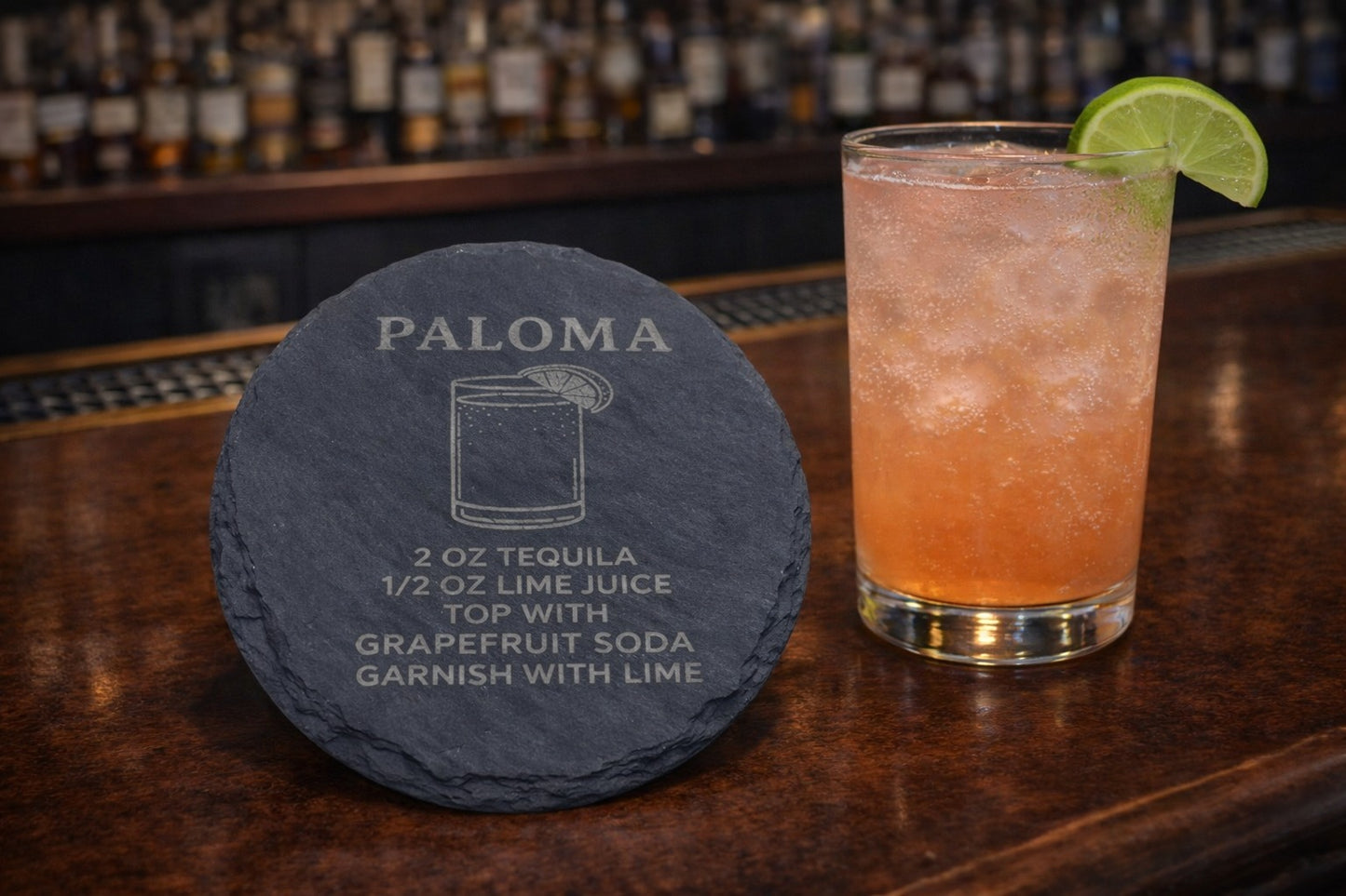 Engraved slate Paloma tequila coaster