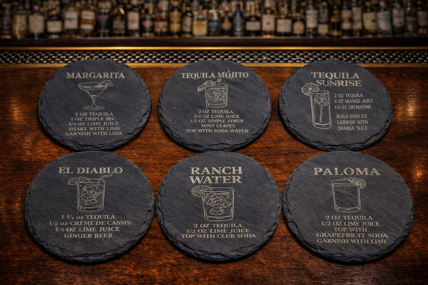 Round slate tequila recipe coaster set of six