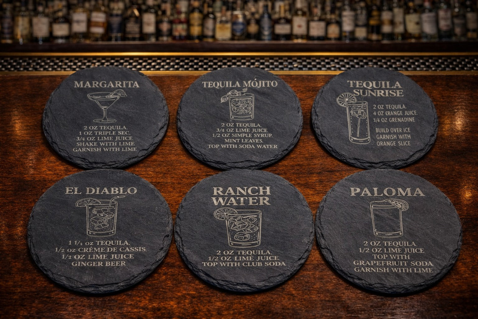 Round slate tequila recipe coaster set of six