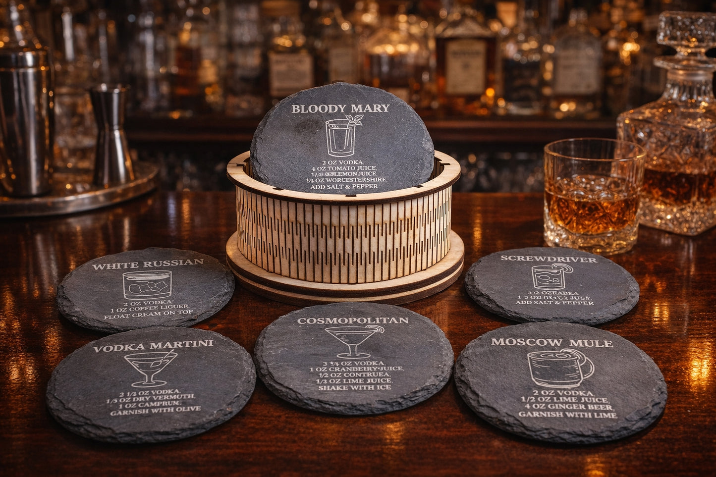 Round slate vodka recipe coaster set of six with Laser cut holder