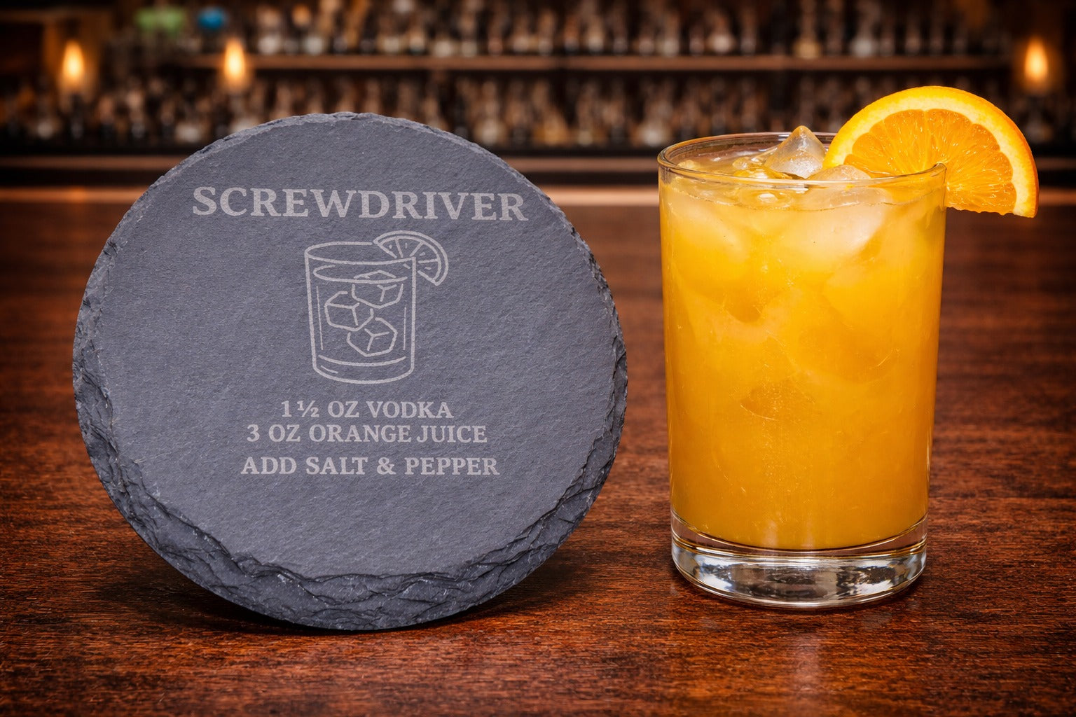 Engraved slate Screwdriver vodka coaster