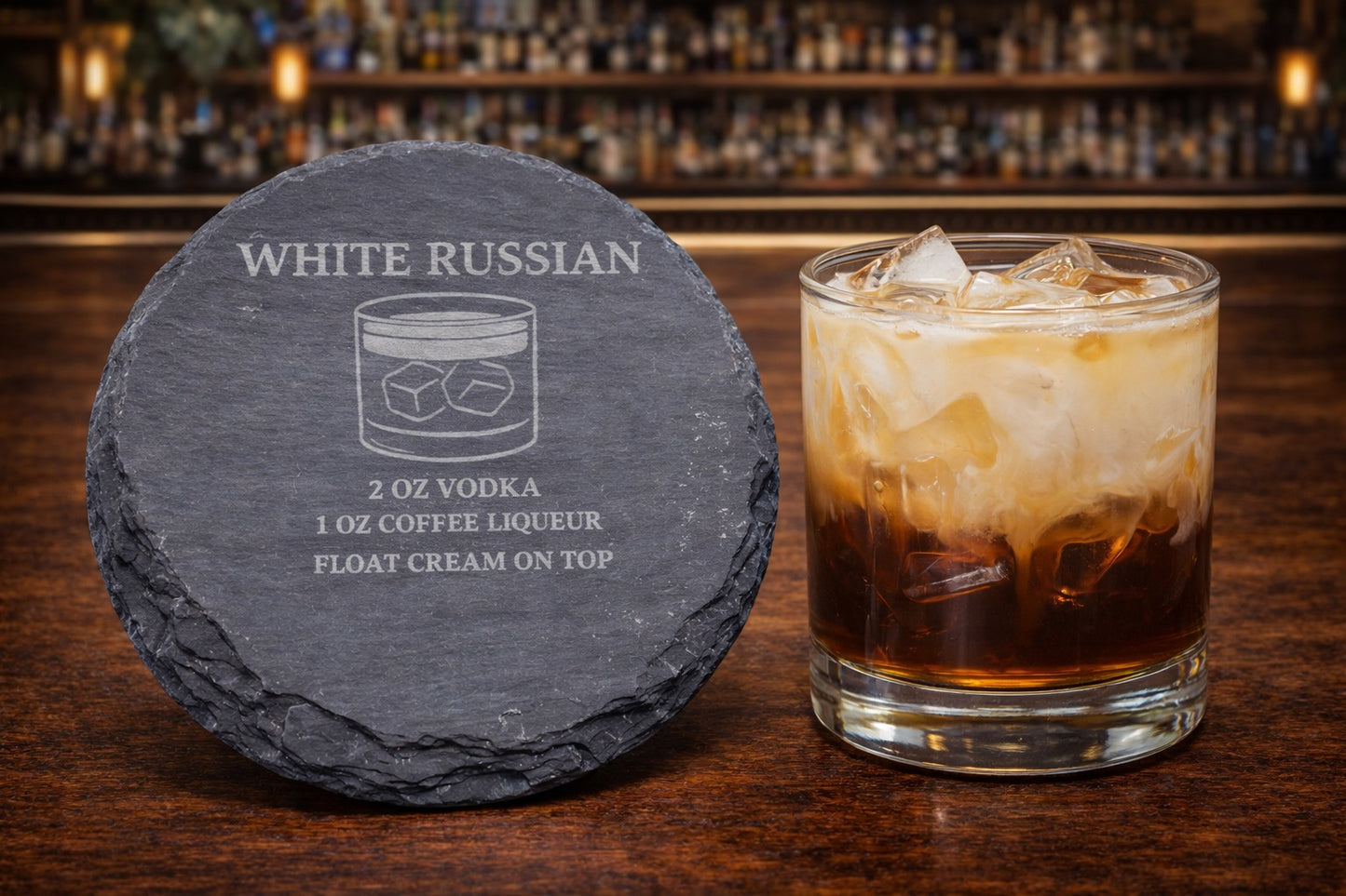 Engraved slate White Russian vodka coaster