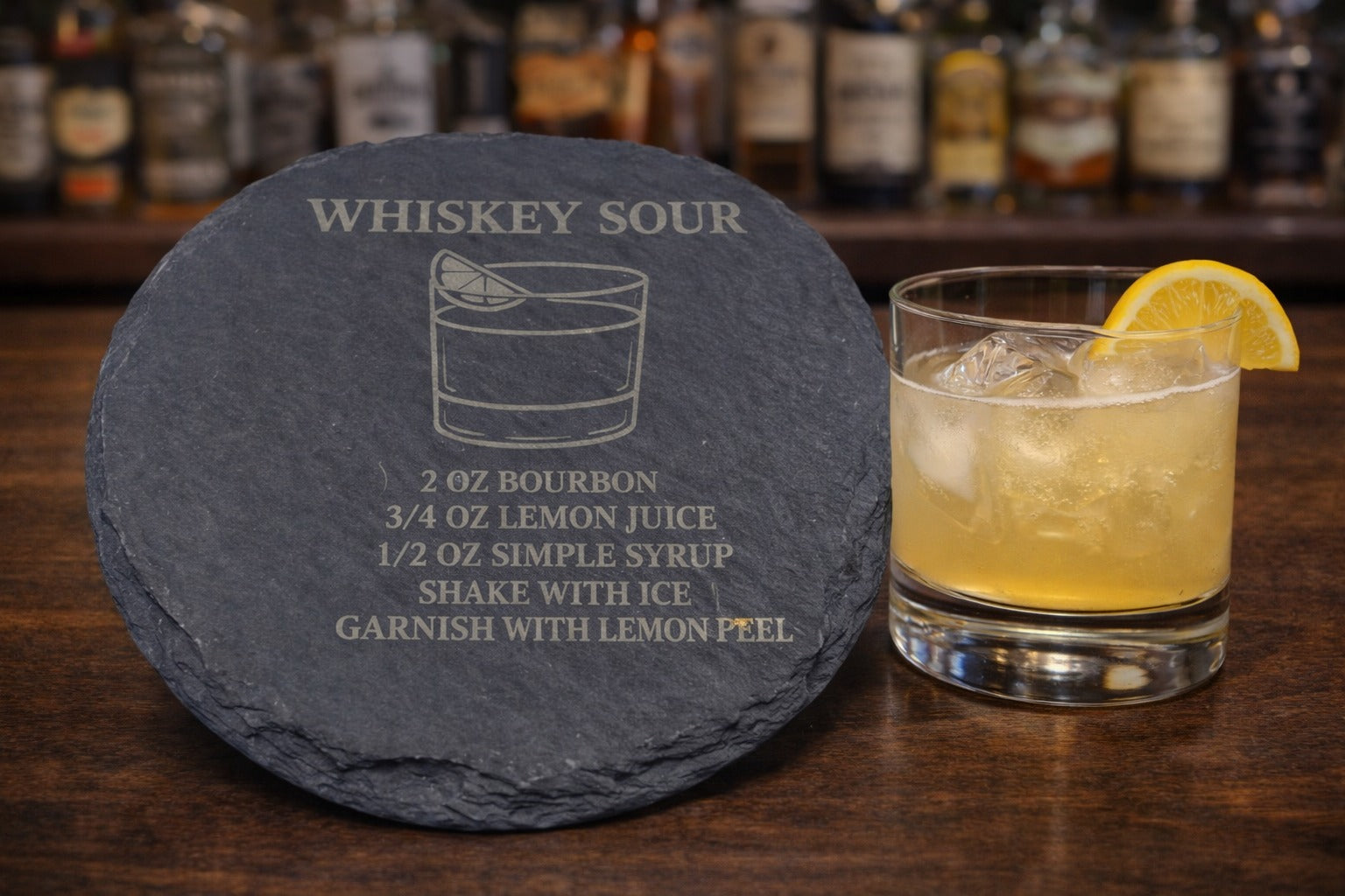 Engraved slate Whiskey Sour whiskey coaster