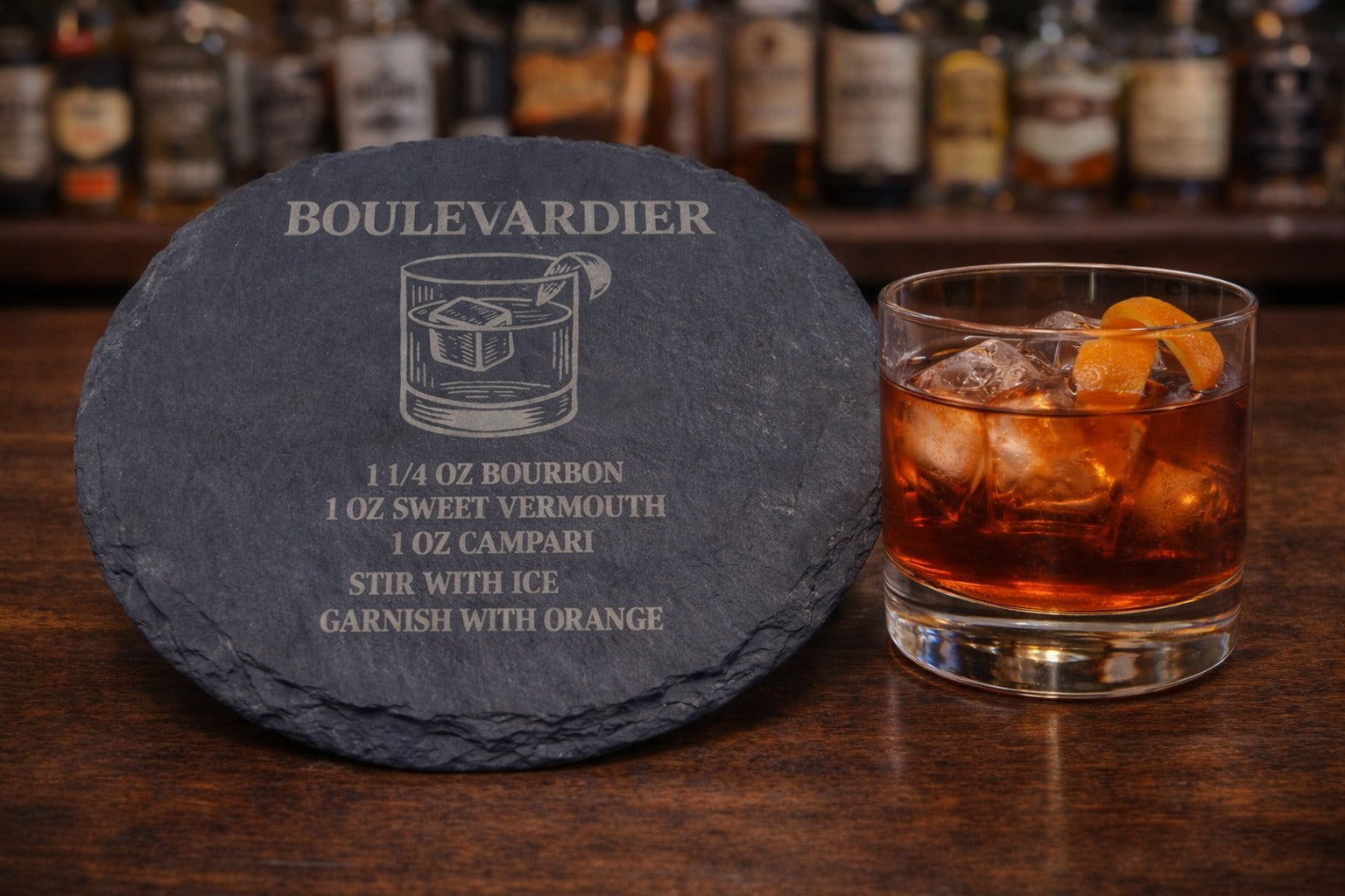 Engraved slate Boulevardier whiskey coaster