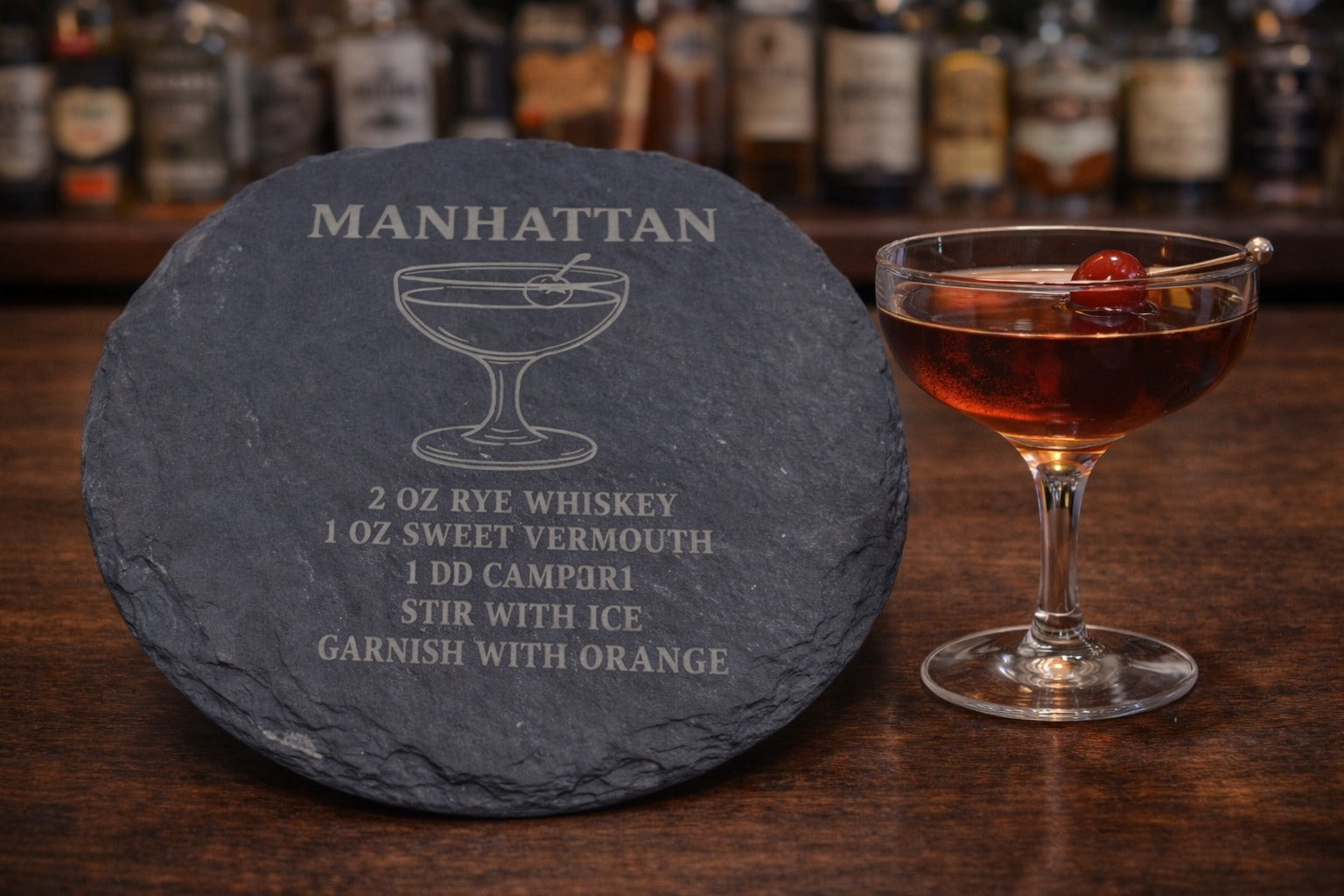 Engraved slate Manhattan whiskey coaster