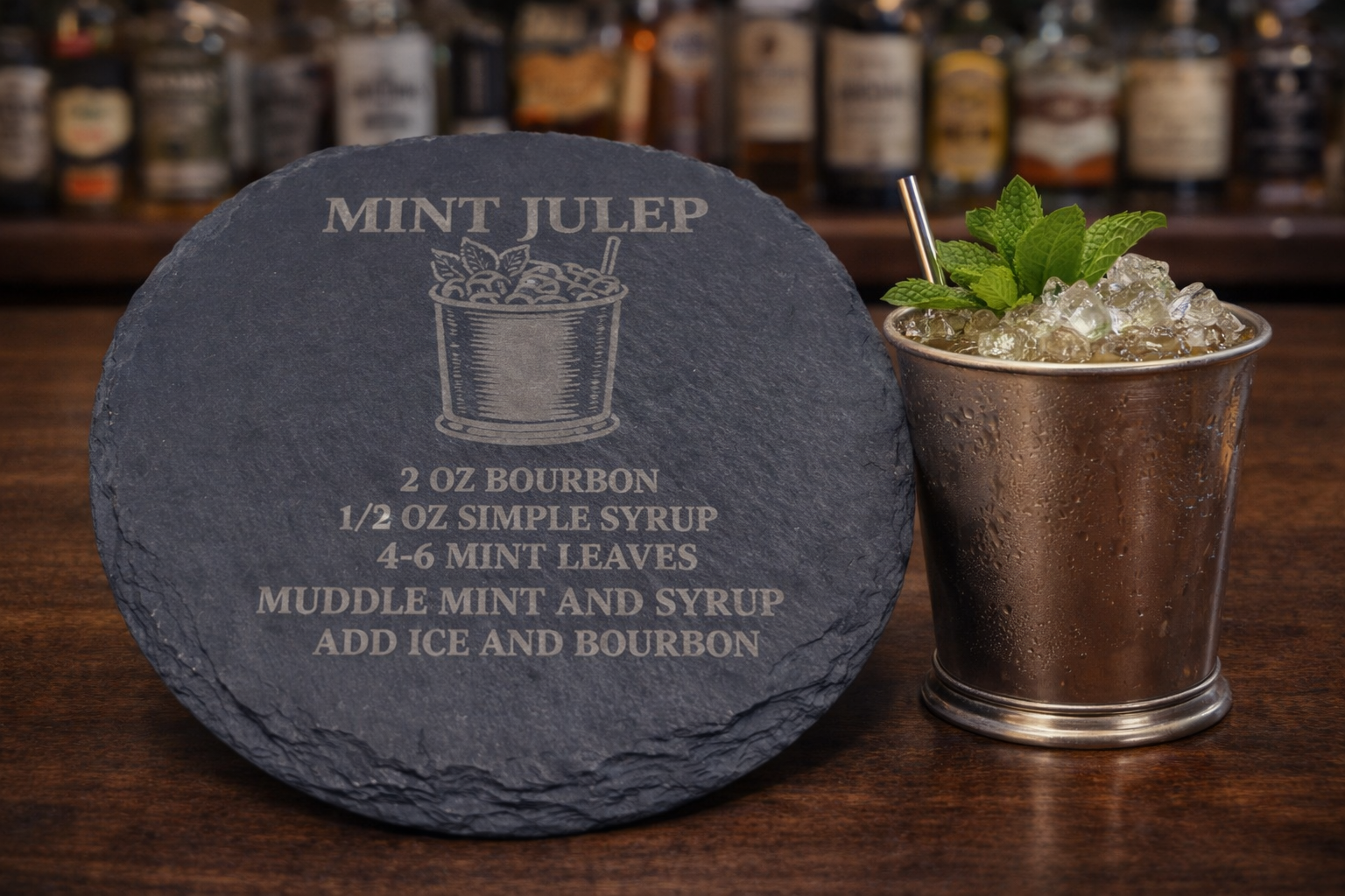 Engraved slate Mint Julep whiskey coaster