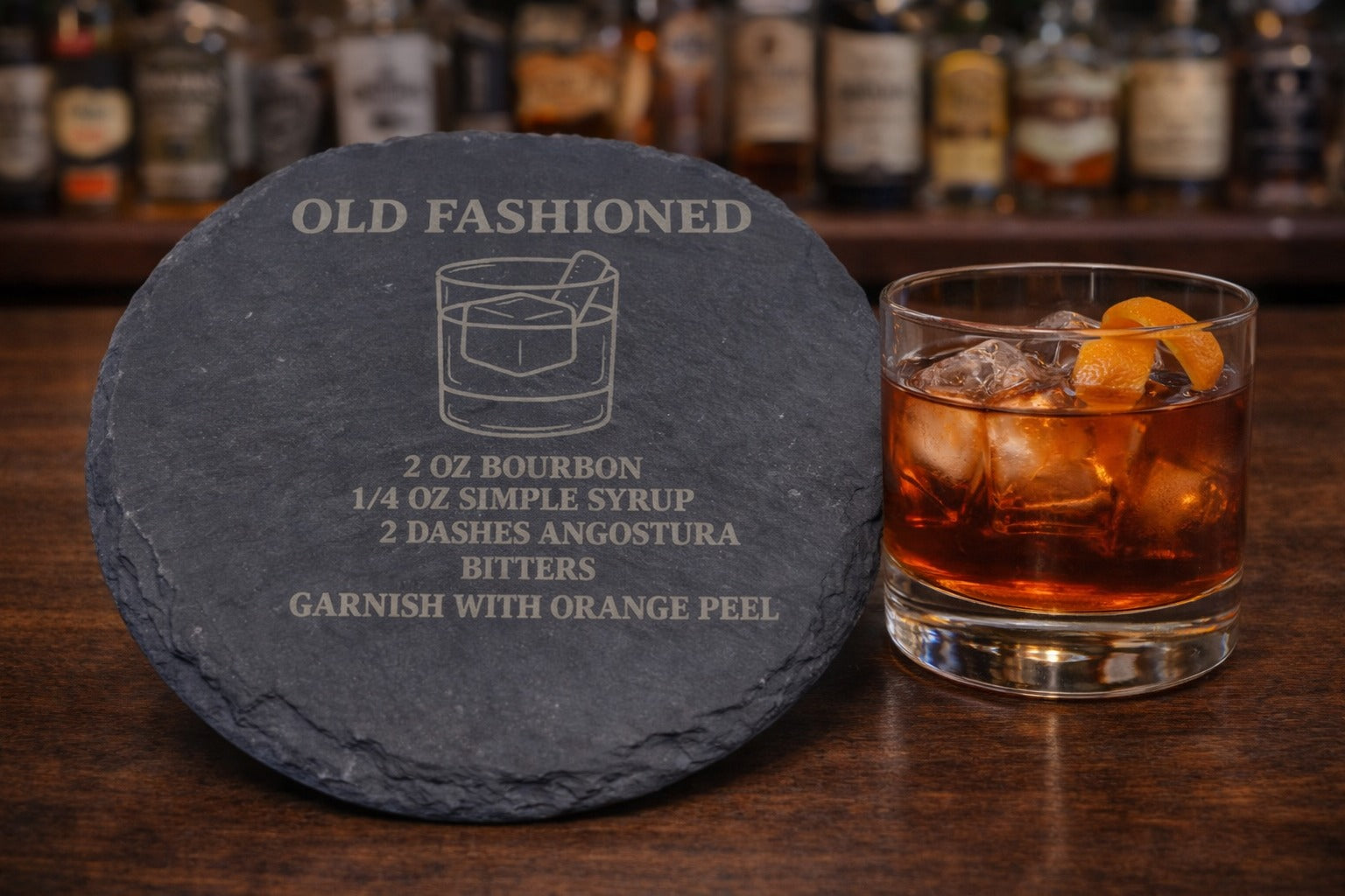 Engraved slate Old Fashioned whiskey coaster