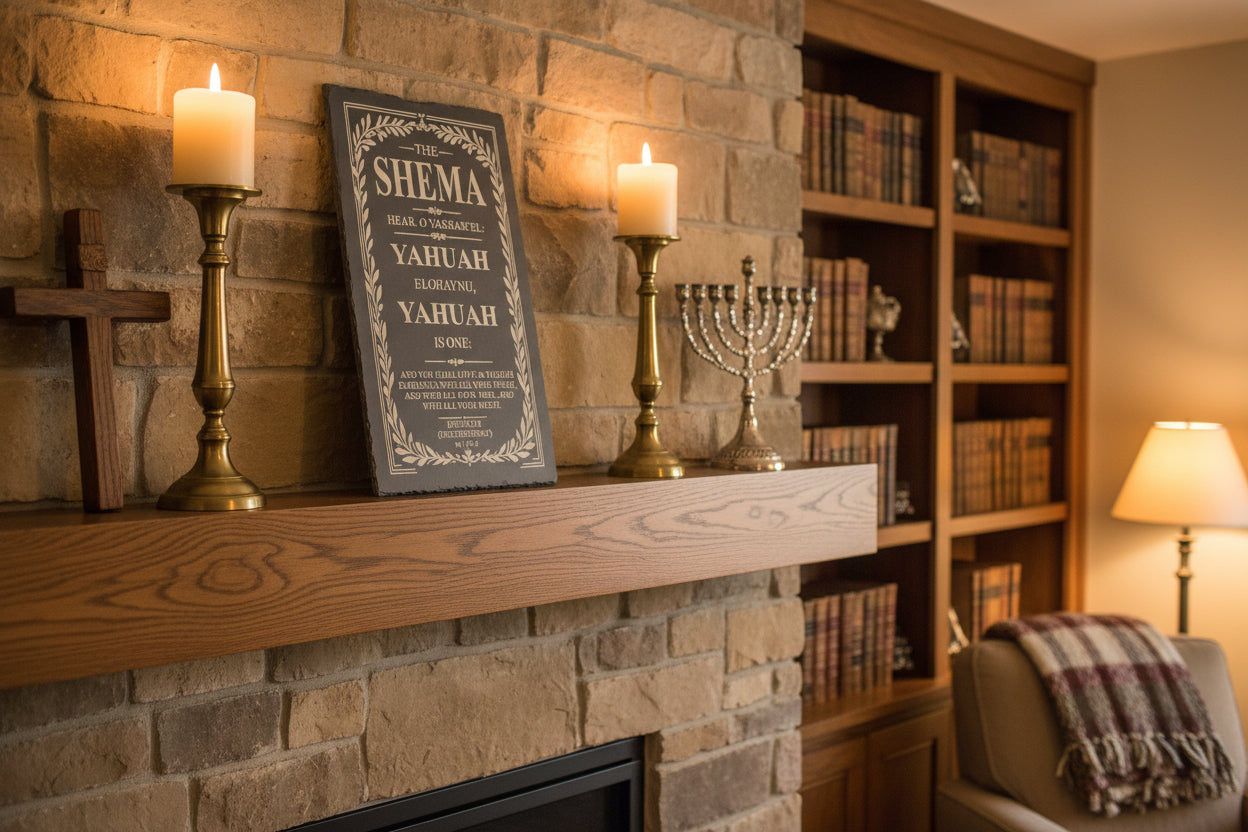 Slate stone with engraved text of the Shema Yisrael on a dark background