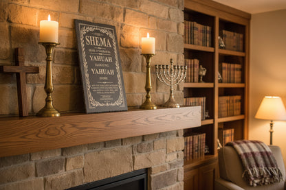 Slate stone with engraved text of the Shema Yisrael on a dark background