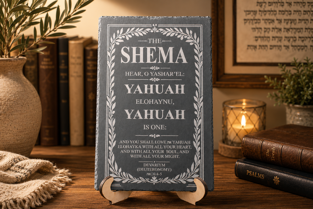 Decorative slate tablet with the Shema text on a wooden stand in a warm, homey setting.