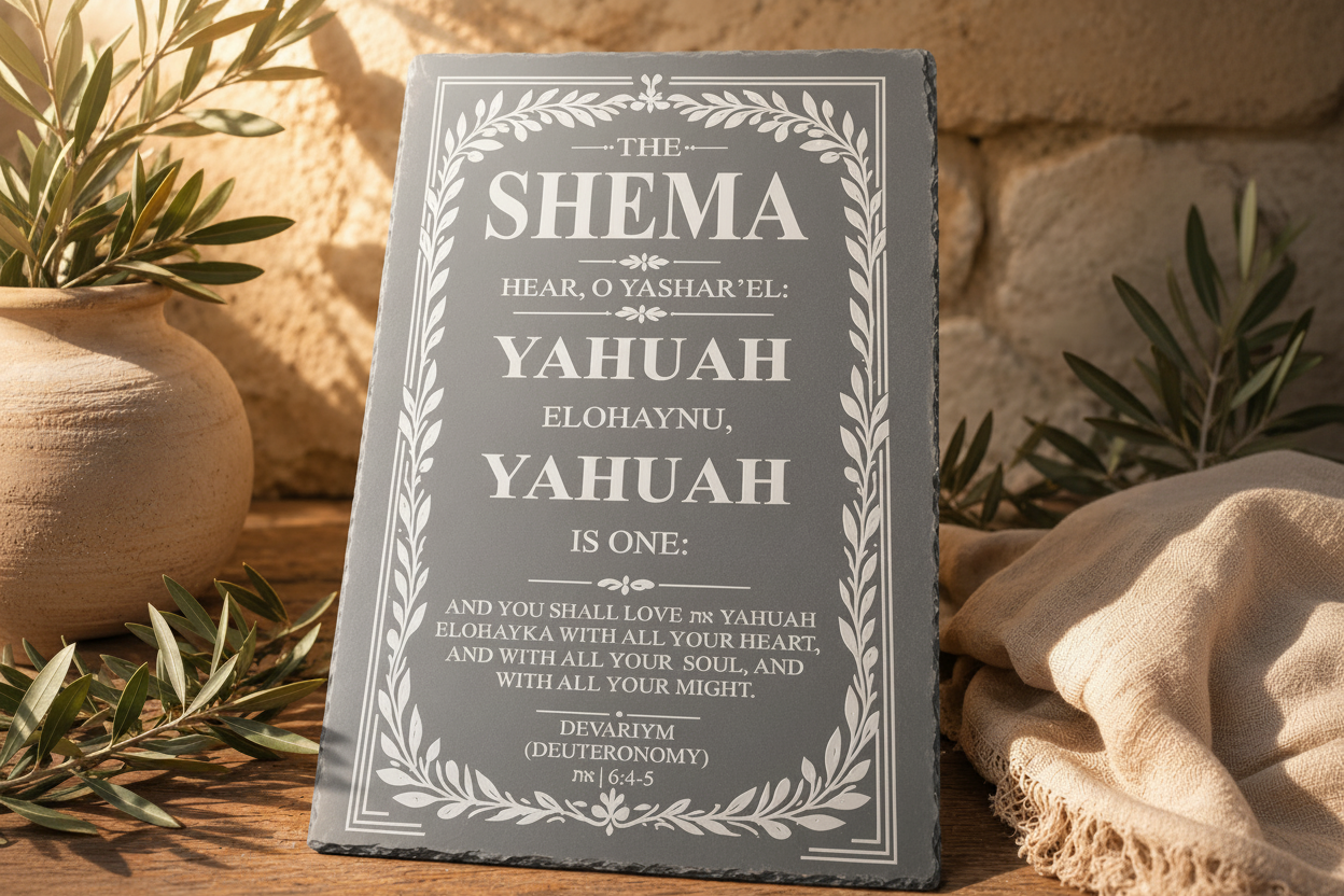 Decorative slate Shema with engraved text on a natural stone background