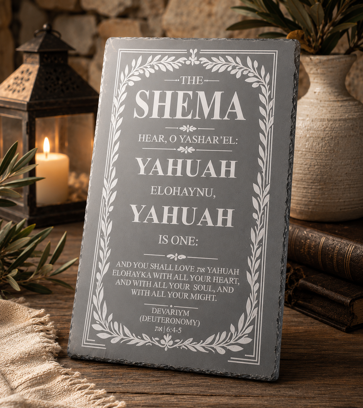 Decorative slate with engraved text on a wooden surface with candles and plants.