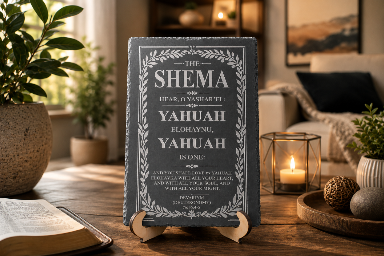 Decorative sign with religious text on a wooden stand in a cozy living room.