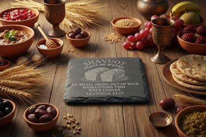 Shavuot Feast of Weeks slate coaster with two wave loaves engraving
