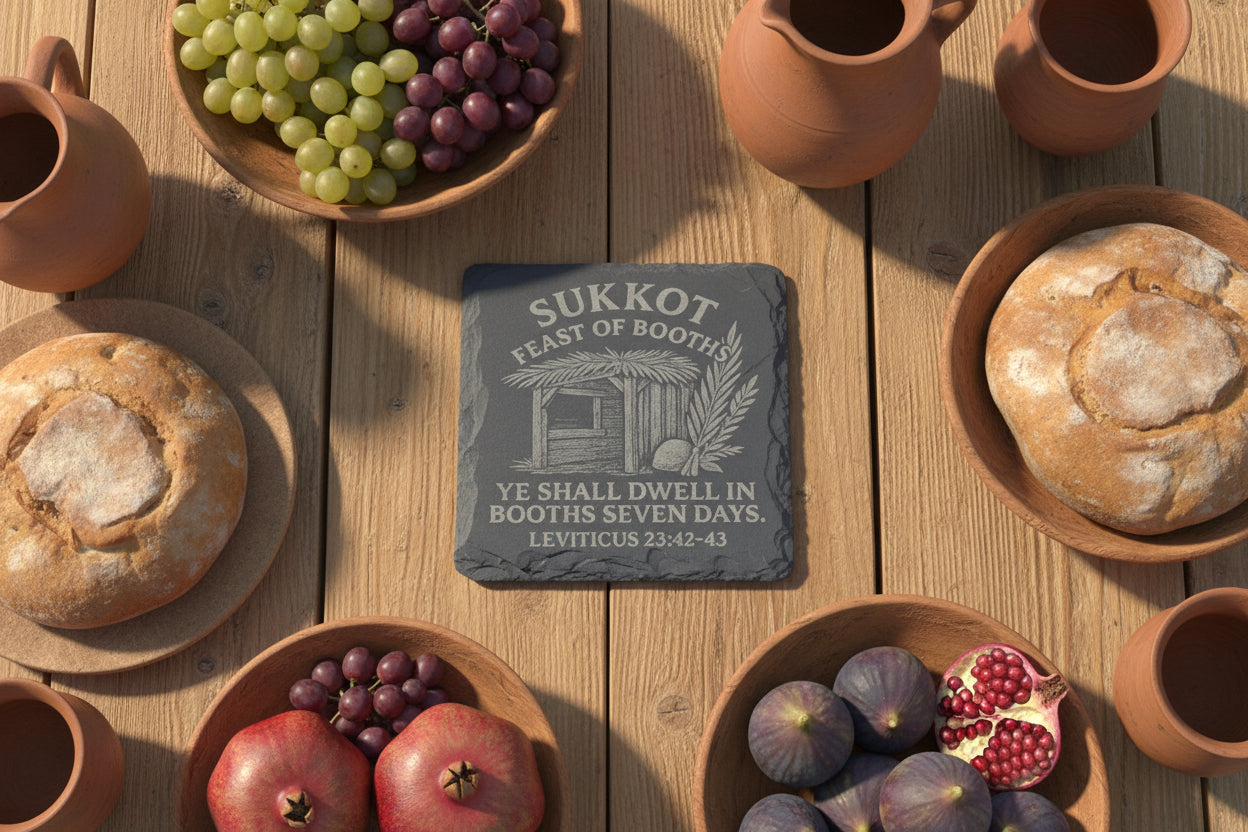 Sukkot Feast of Booths slate coaster with sukkah and Leviticus 23 scripture
