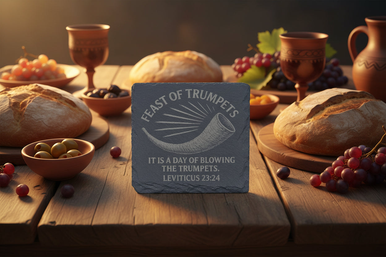 Feast of Trumpets slate coaster with shofar and Leviticus 23 scripture
