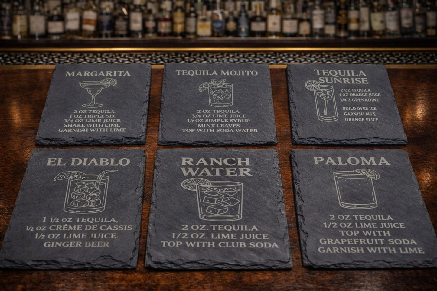 Square slate tequila recipe coaster set of six