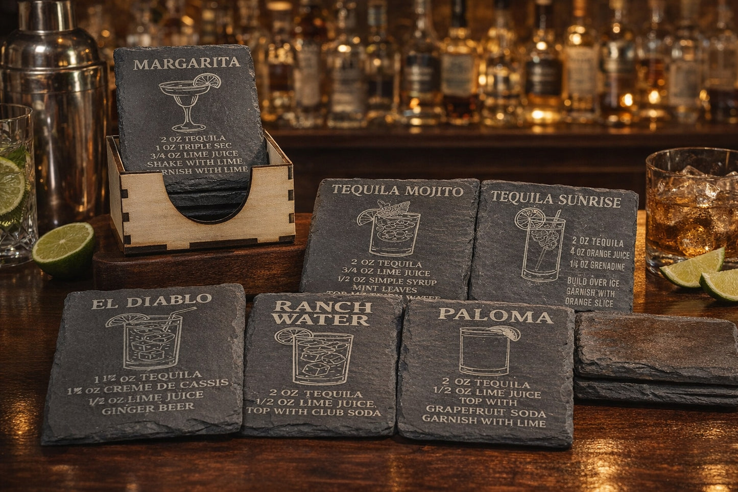 Square slate tequila recipe coaster set of six with laser-cut holder