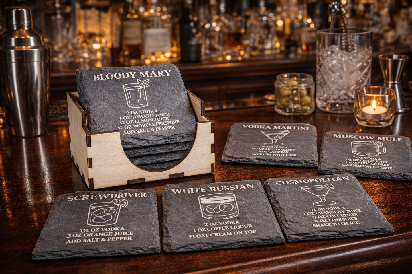 Square slate vodka recipe coaster set of six with Laser cut holder