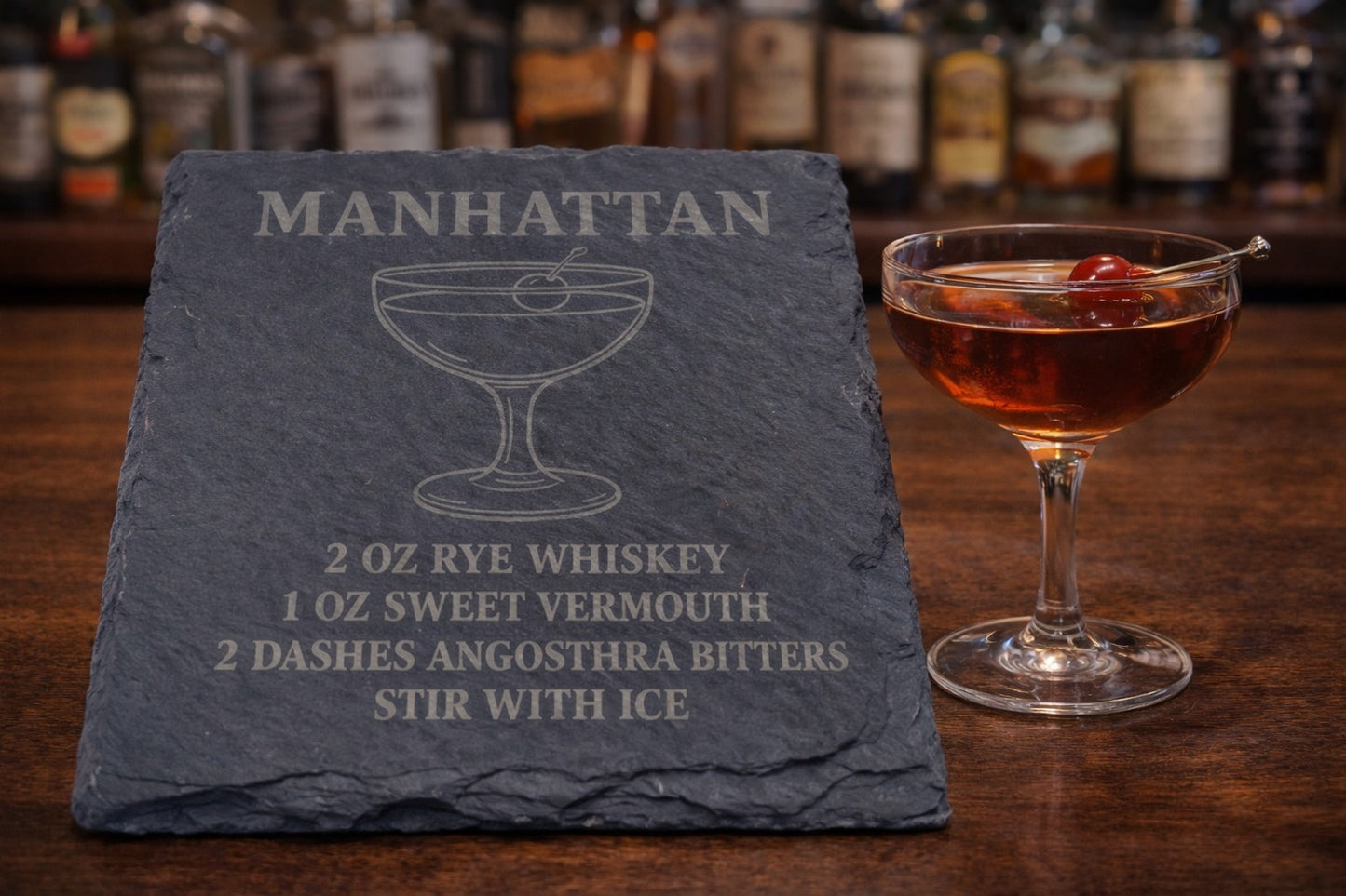 Engraved slate Manhattan whiskey coaster