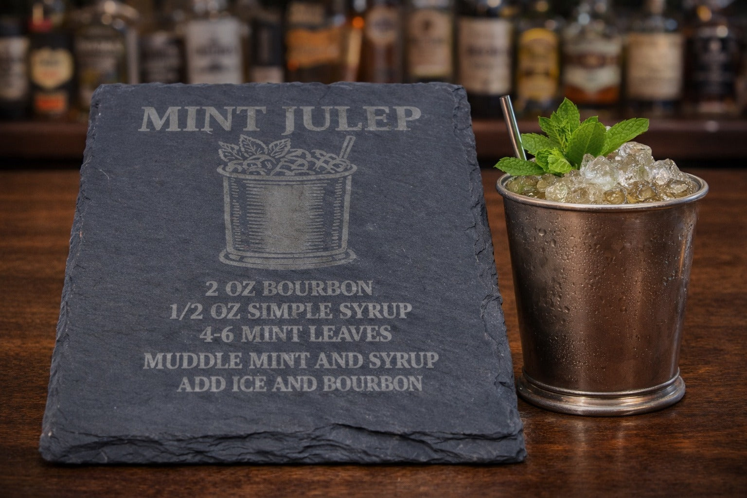 Engraved slate Mint Julep whiskey coaster