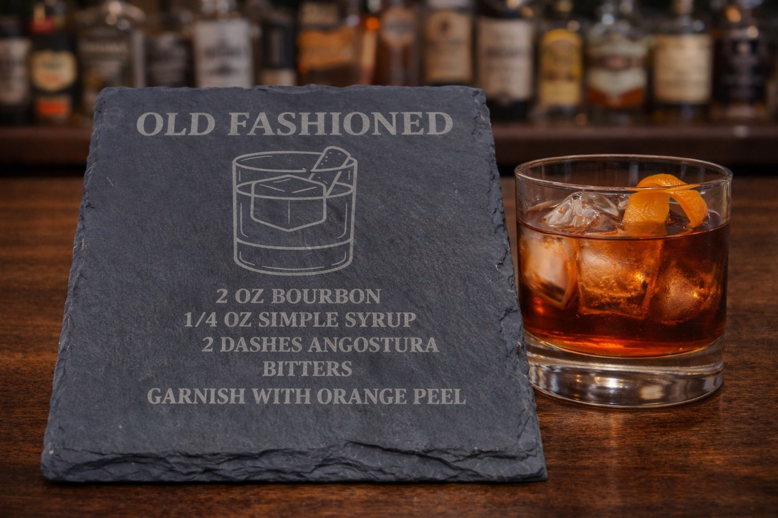 Engraved slate Old Fashioned whiskey coaster