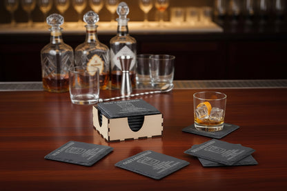 Square slate whiskey recipe coaster set of six with holder