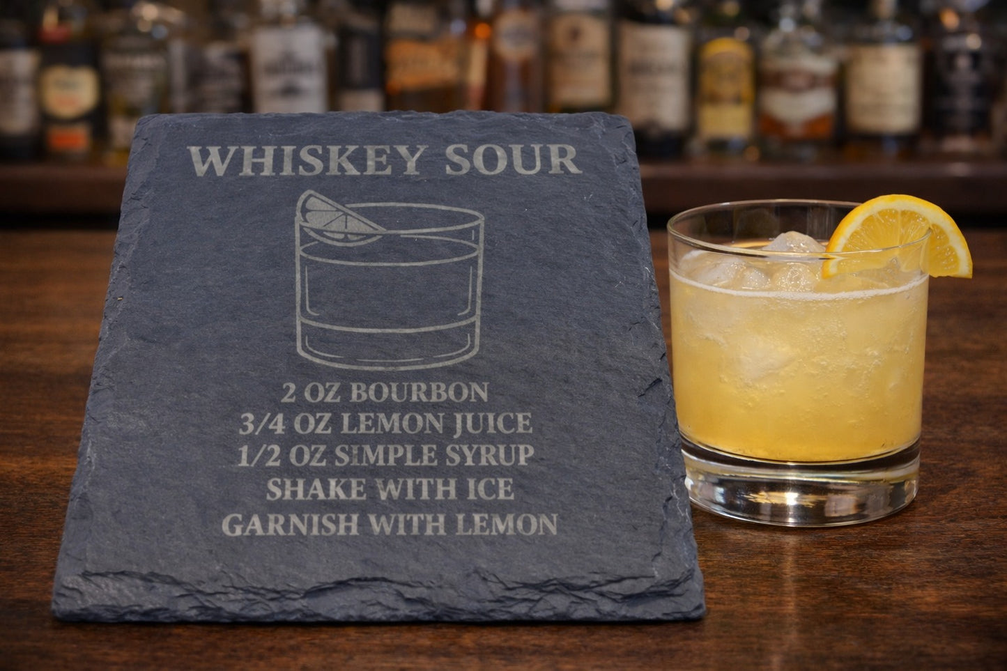 Engraved slate Whiskey Sour whiskey coaster