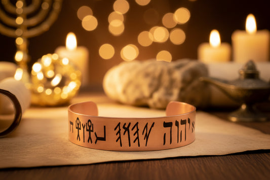 Aleph Tav Copper Bracelet Front Engraving Detail