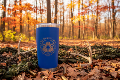 Life Has Seasons hunting tumbler with engraved deer skull and antlers design in black stainless steel