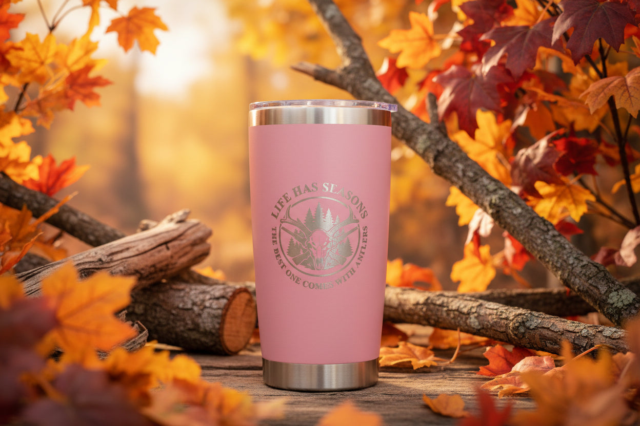 Life Has Seasons hunting tumbler with engraved deer skull and antlers design in black stainless steel