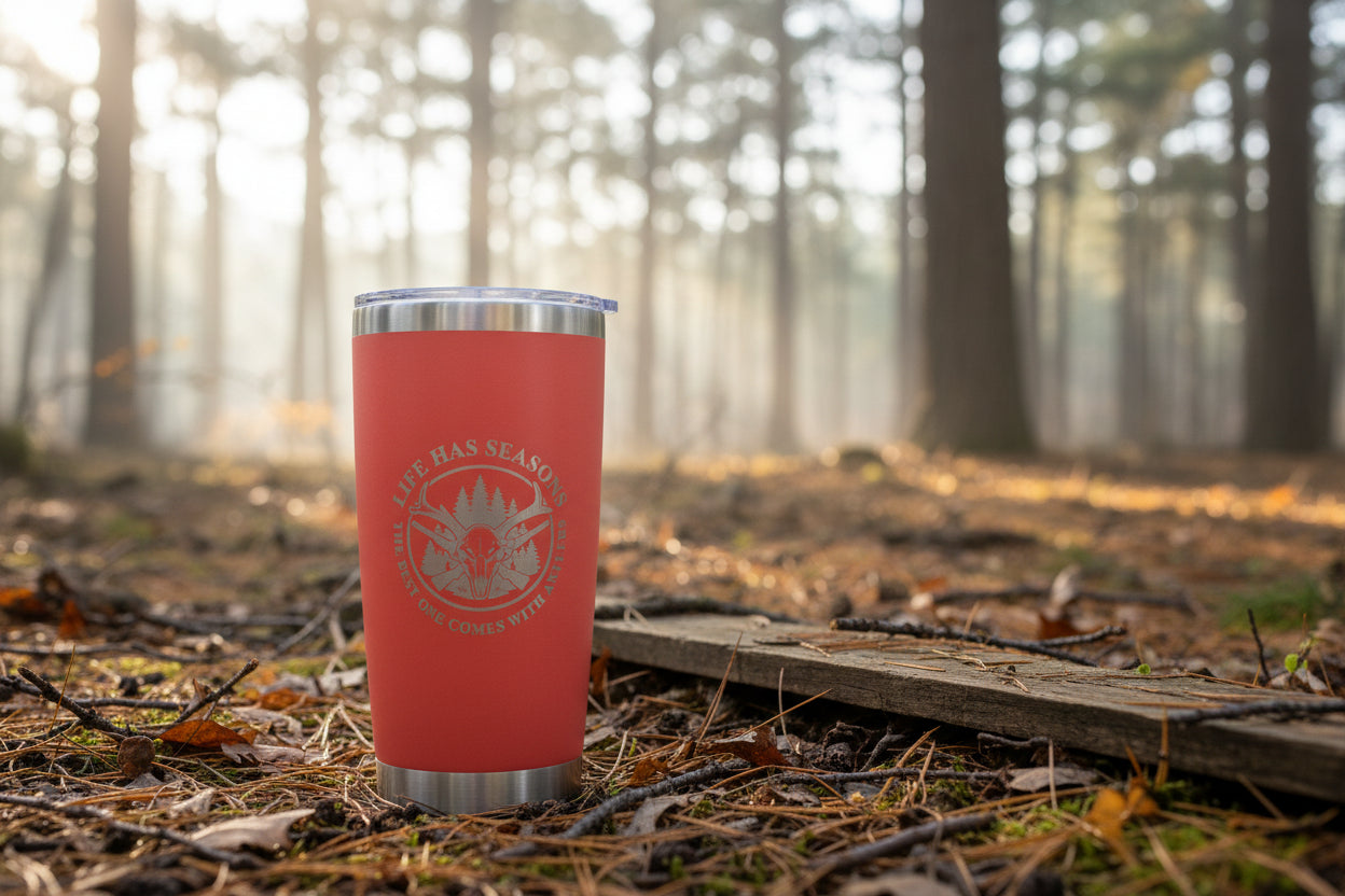 Life Has Seasons hunting tumbler with engraved deer skull and antlers design in black stainless steel